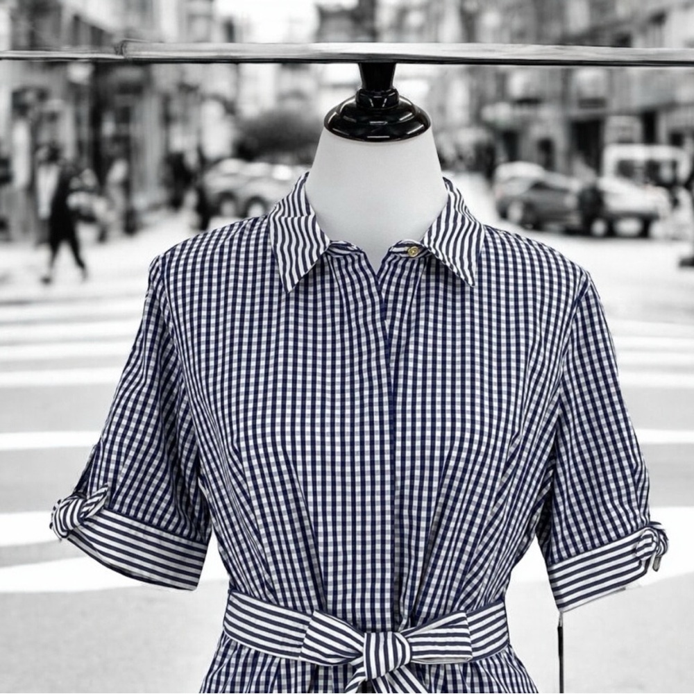 CALVIN KLEIN BLUE & WHITE GINGHAM FIT & FLARE MAXI DRESS SIZE 12 PETITE - Picture 2 of 16